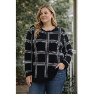 Women's 2X Black Plaid Knit Sweater | Classic Preppy Academia Crewneck Soft Pull